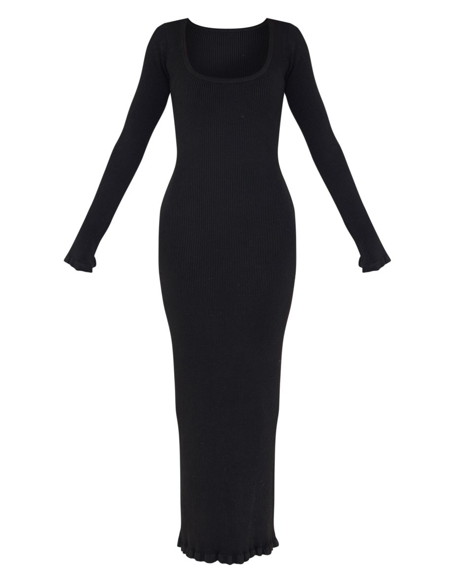 Black Rib Knit Piquet Hem Maxi Dress - 4