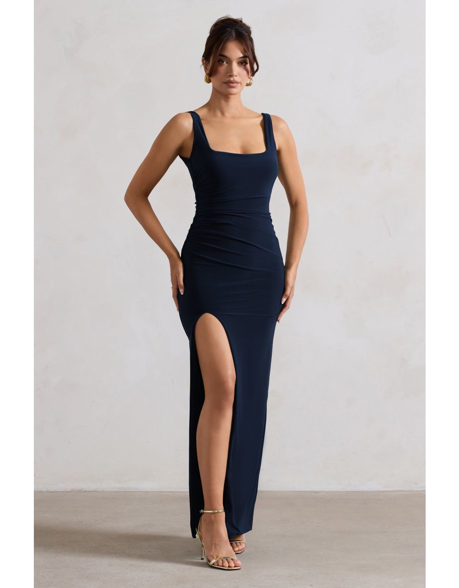 Kate | Navy Square Neck Maxi Dress with Plunge Back and Side Thigh Split - 4