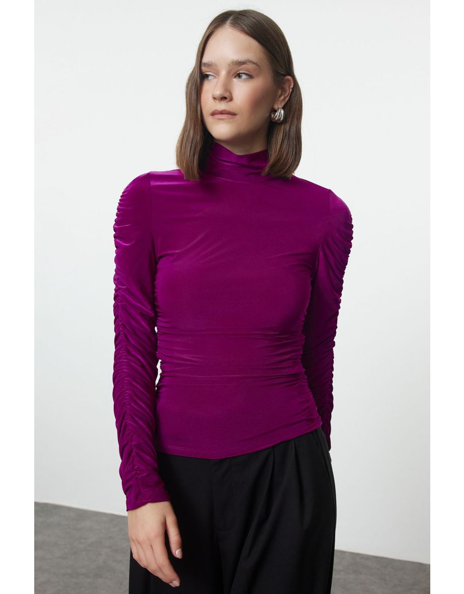Purple Ruffle/Drape Detailed Turtleneck Fitted/Closed Knitted Blouse