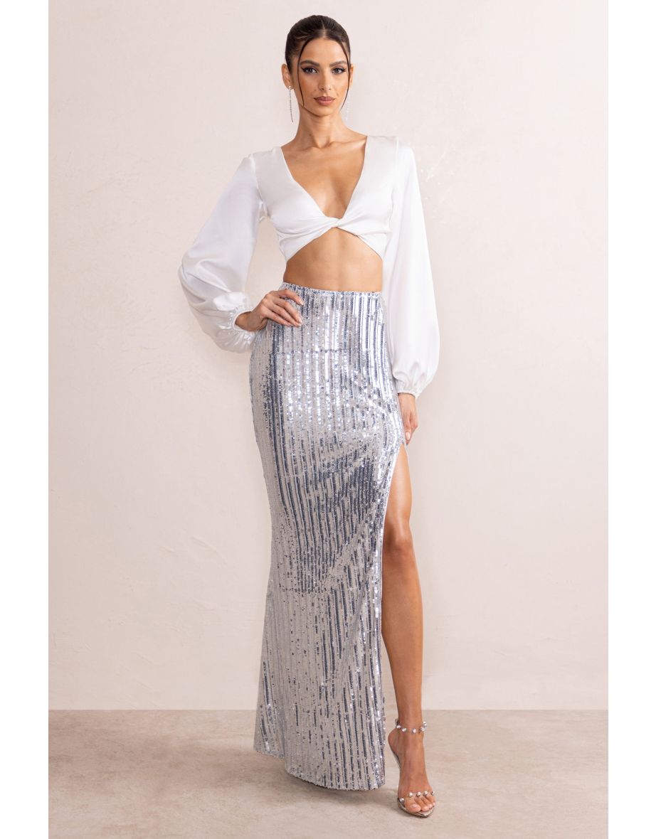Sasha | Silver Sequin Fishtail Maxi Skirt With Side Split - 4