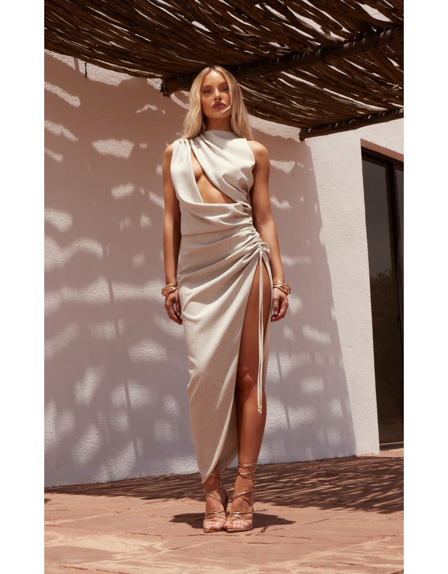 Shop PLT Label Off White Linen Look Draped Ruched Skirt Maxi Dress Online in United Arab Emirates VogaCloset
