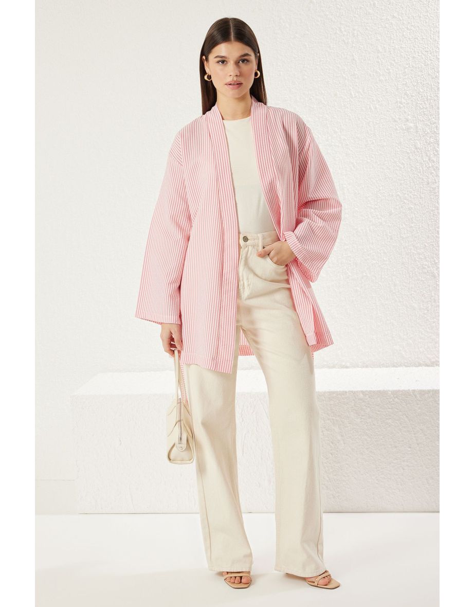 Pink Belted Woven Seersucker Striped Kimono & Kaftan