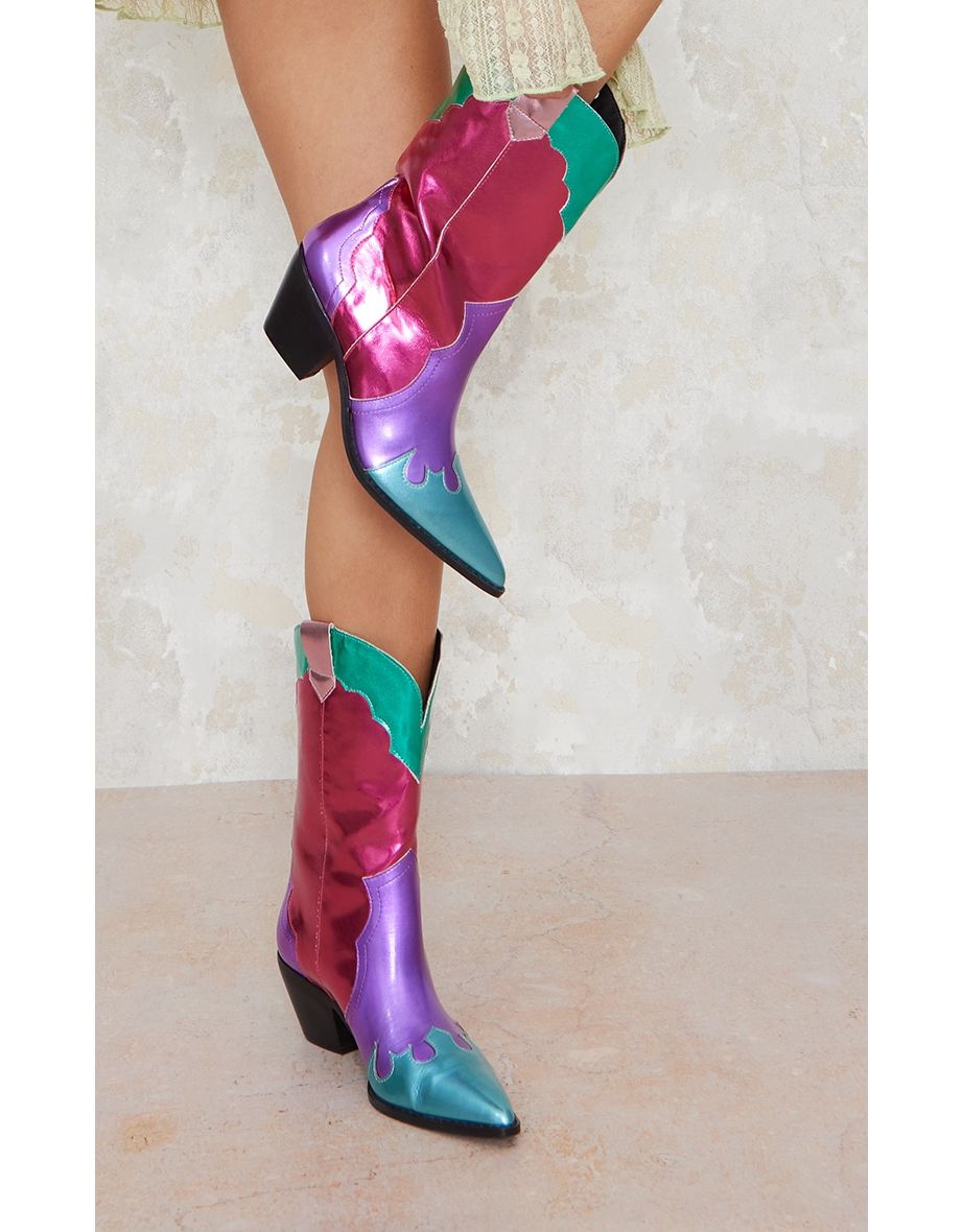 Multi Faux Leather Bright Metallic Block Heeled Western Calf Boots