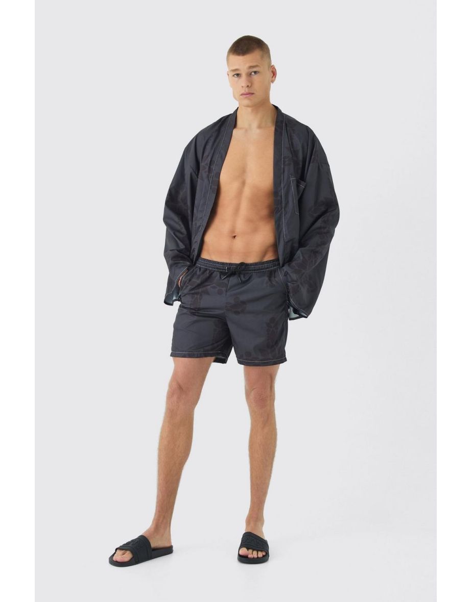 Shop Gothic Print Kimono Shirt Swim Short Set black Online in Bahrain VogaCloset