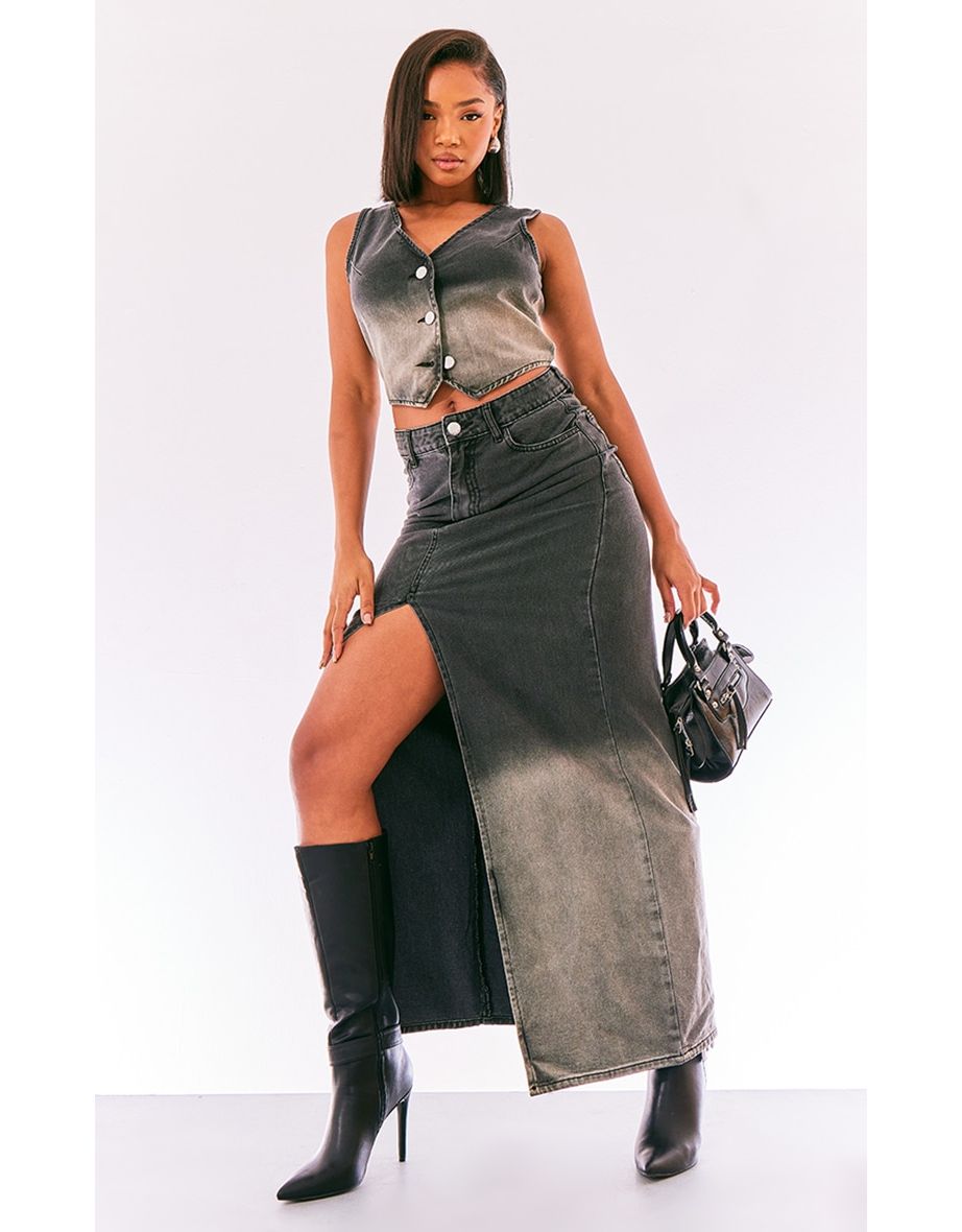 Shop Washed Grey Ombre Denim Maxi Skirt Online in Bahrain VogaCloset