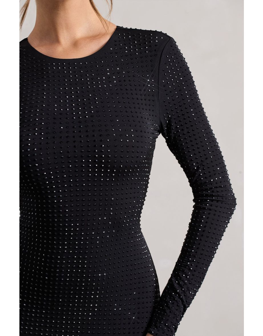 Stefani | Black Embellished Cowl-Back Long Sleeve Mini Dress - 4
