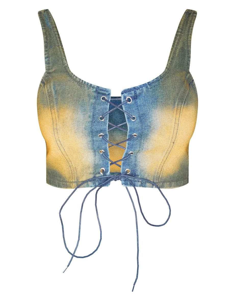 Shape Dark Blue Denim Washed Lace Up Crop Top - 4