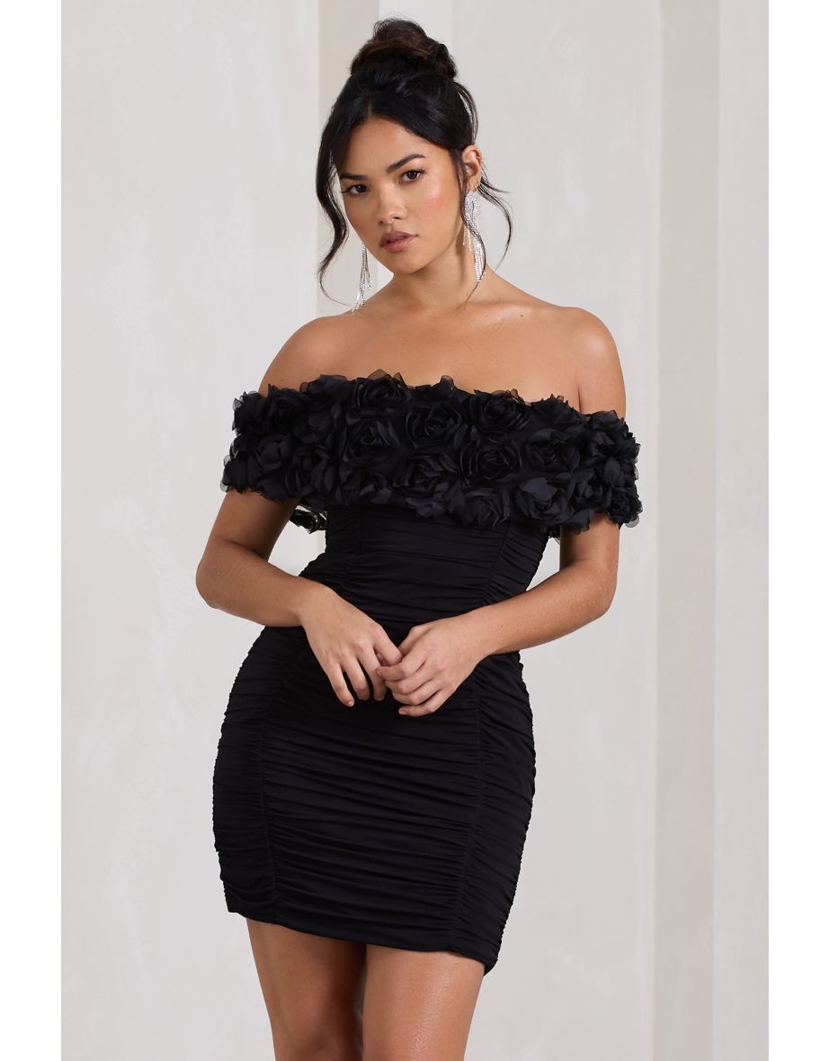 Pass A Glass | Black Ruched Bardot Mini Dress With Flowers