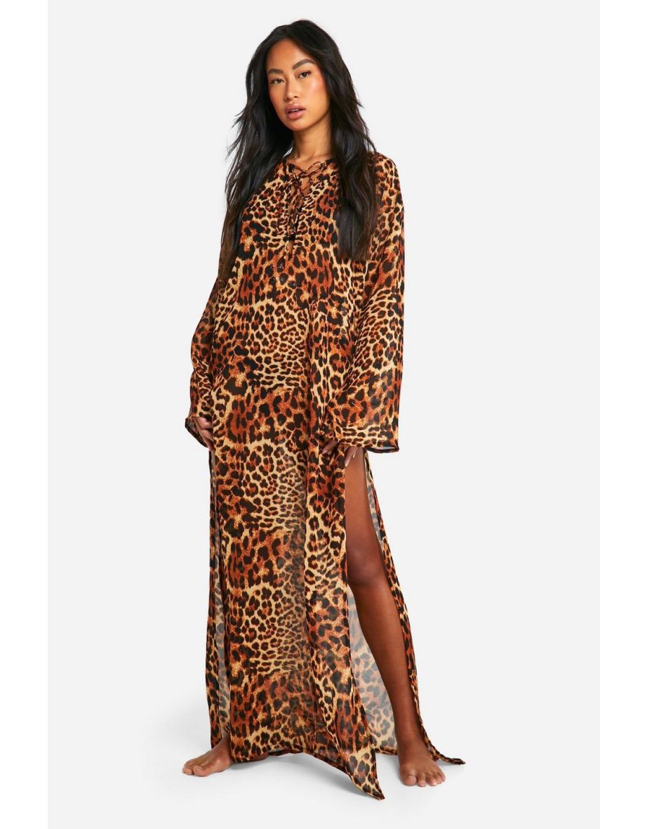 Shop Leopard Lace Up Beach Cover up Kaftan leopard Online in Bahrain VogaCloset