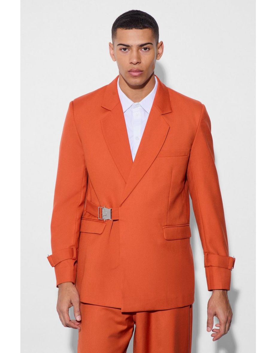 Buckle Chest & Cuff Relaxed Fit Suit Jacket - ochre