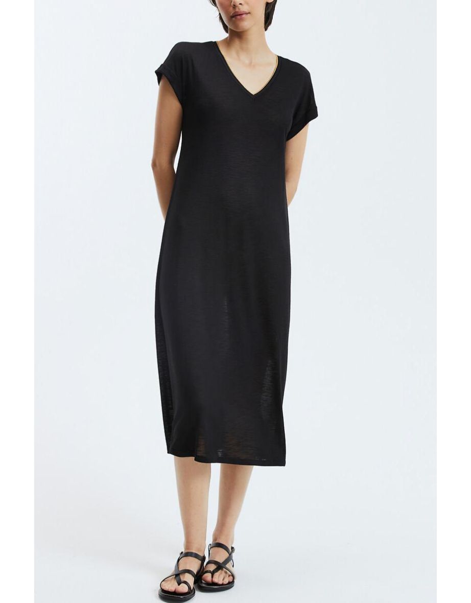 Maxi T-Shirt Dress with Glittery-Edged V-Neck