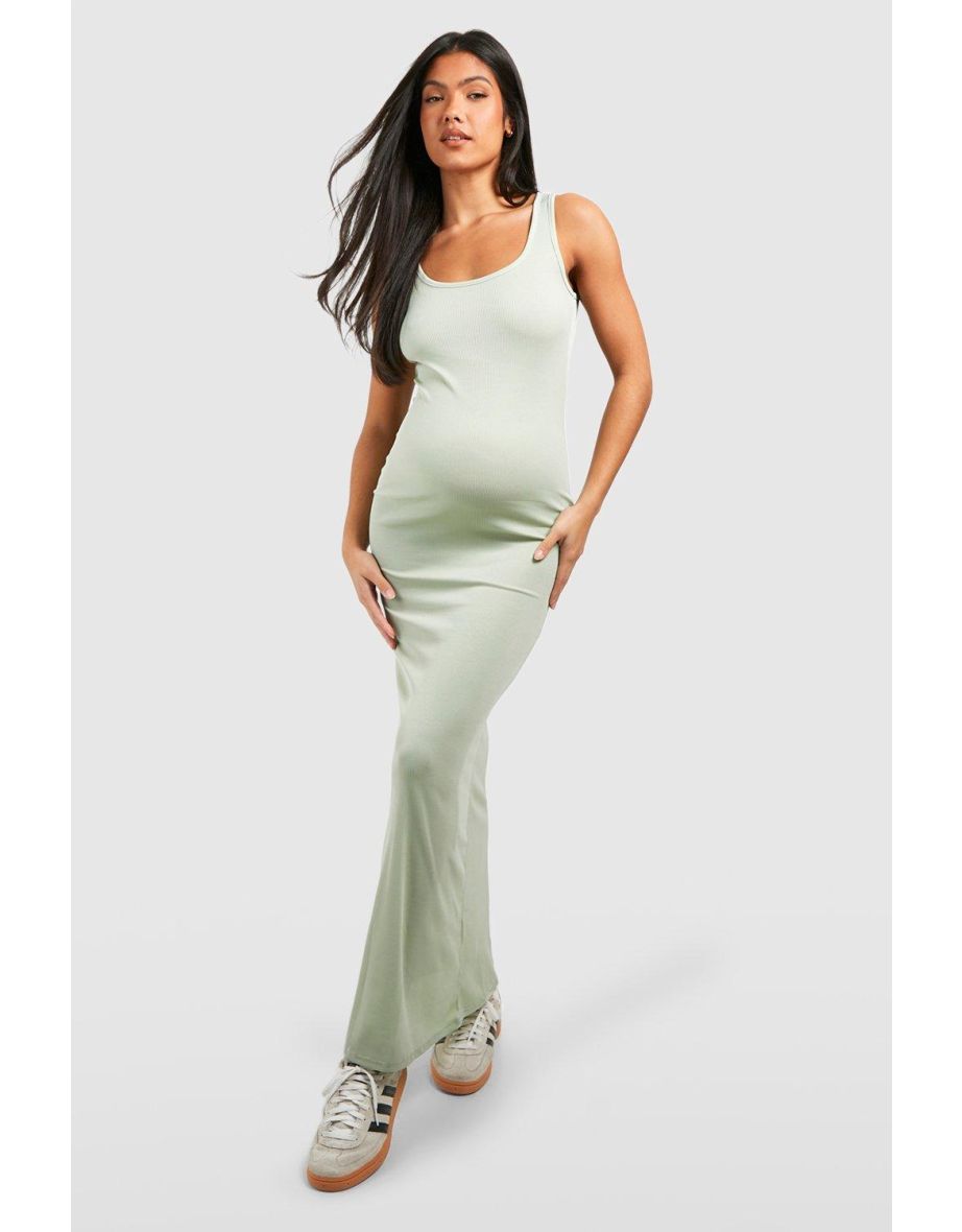 Maternity Rib Scoop Neck Maxi Dress - sage