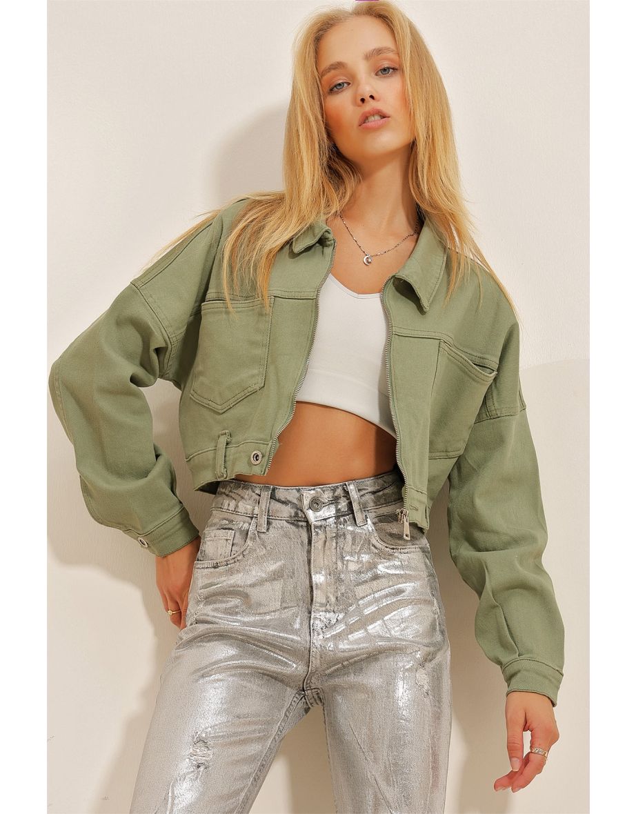 Cropped khaki denim hot sale jacket