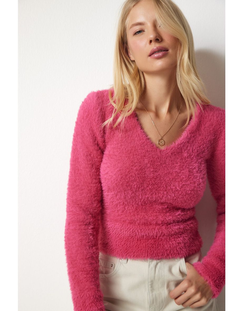 Women's Fuchsia V-Neck Bearded Knitwear Sweater