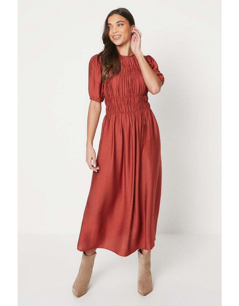 Petite Shirred Bodice Puff Sleeve Midi Dress