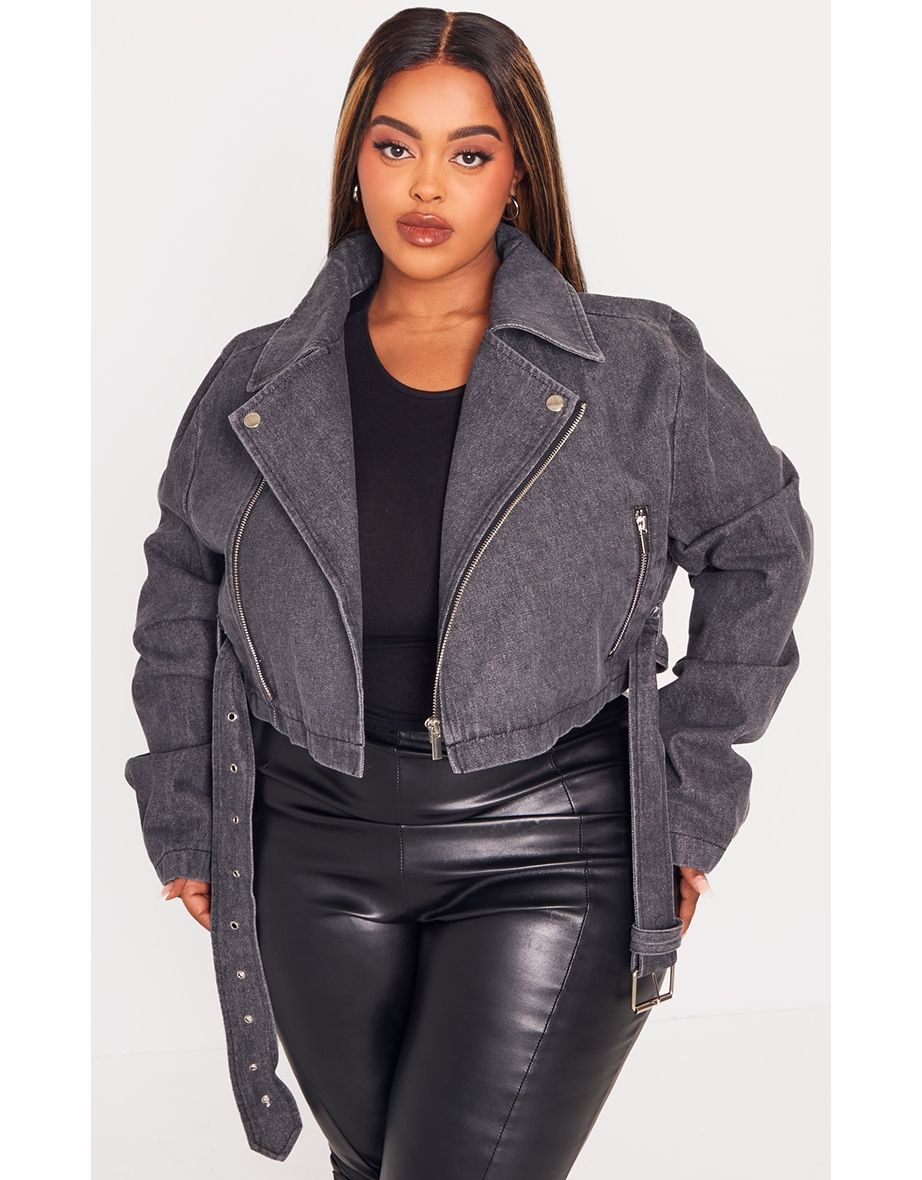 Plus Washed Black Cropped Denim Biker Jacket