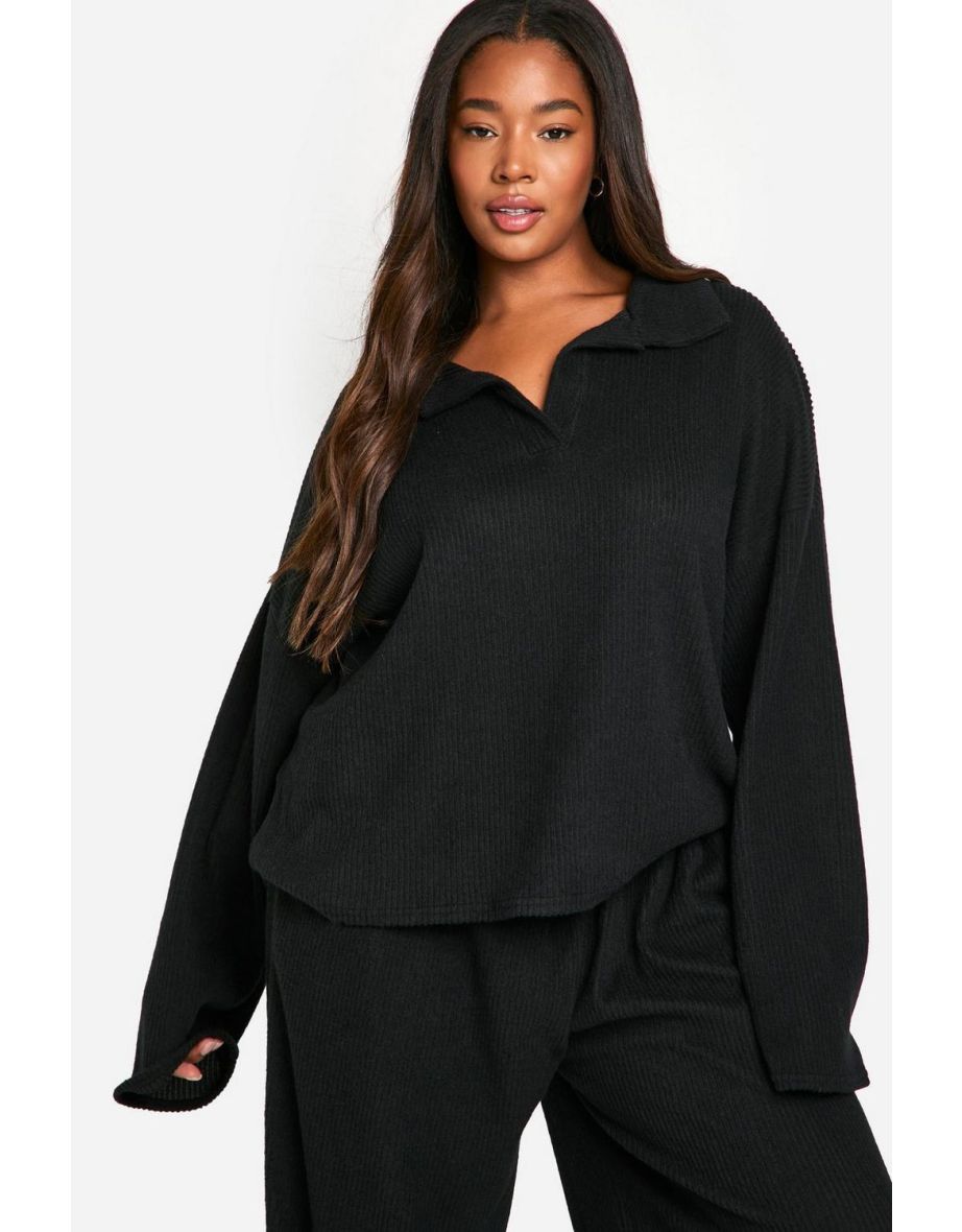 Plus Soft Rib Collared Top & Trouser Lounge Set - 3