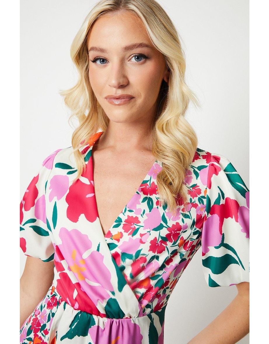 Debut London by Coast Satin Peony Puff Sleeve Dress - multi - 3