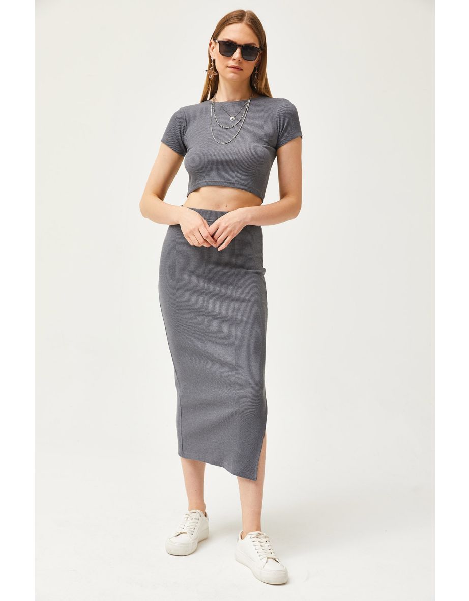 Women's Smoked Short Sleeve Slit Skirt Lycra Suit - 5