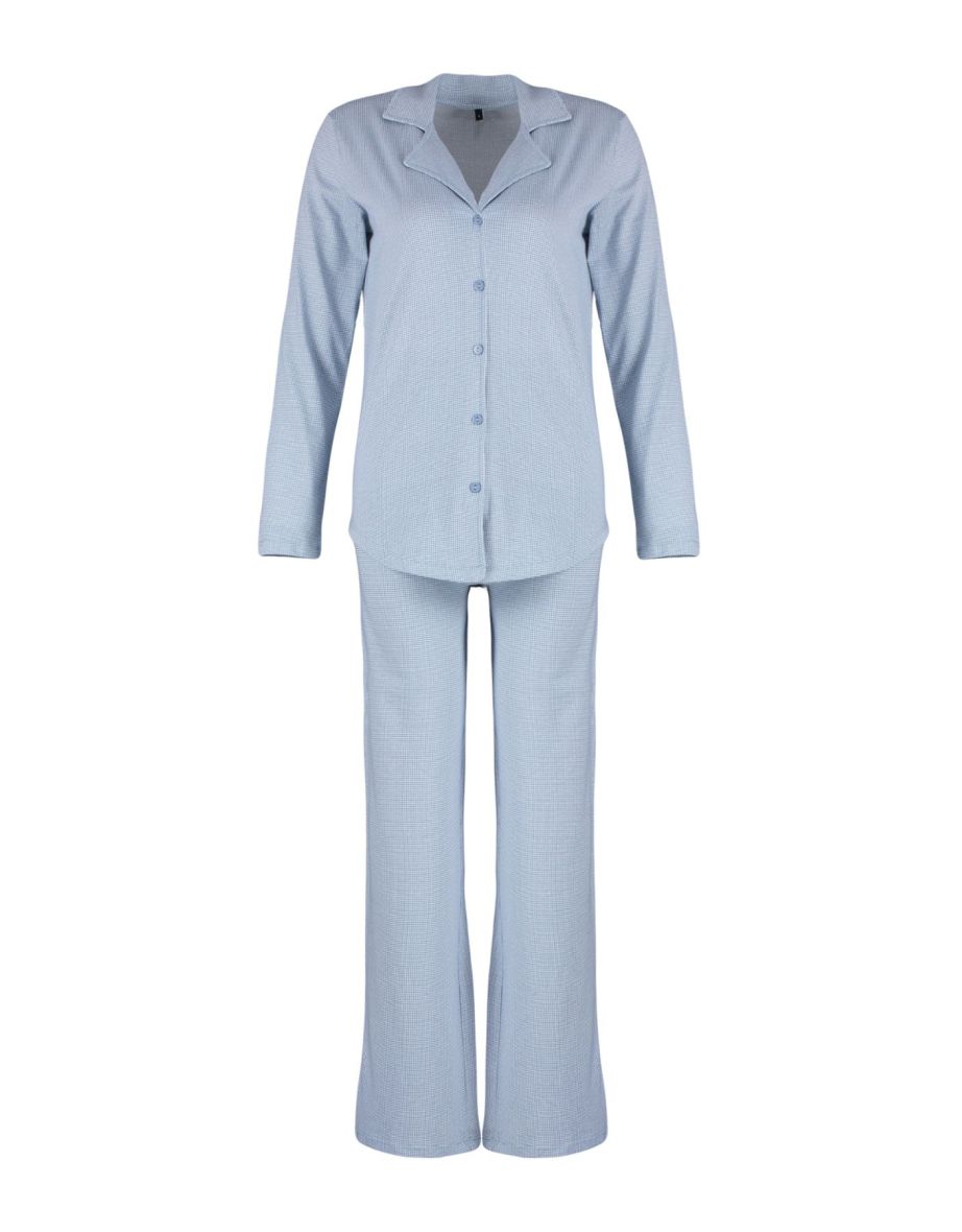 Blue 100% Cotton Gingham Shirt-Pants Knitted Pajamas Set - 7