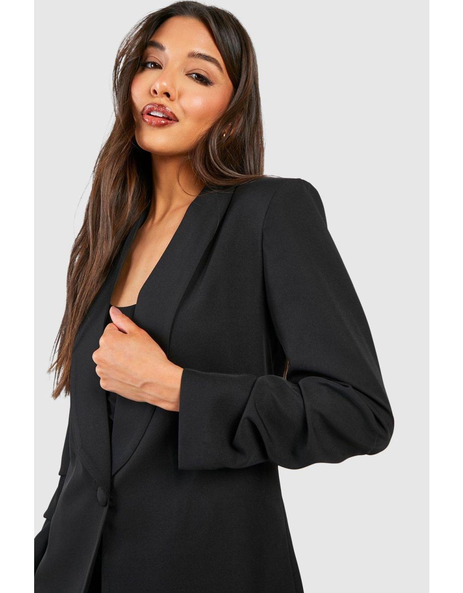 Plunge Front Fitted Ruched Sleeve Blazer - black - 3