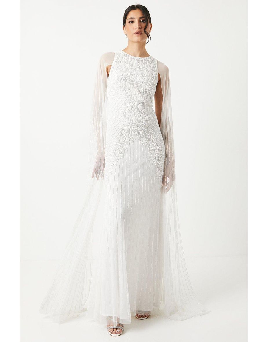Premium Embellished Wedding Dress With Cape Sleeves