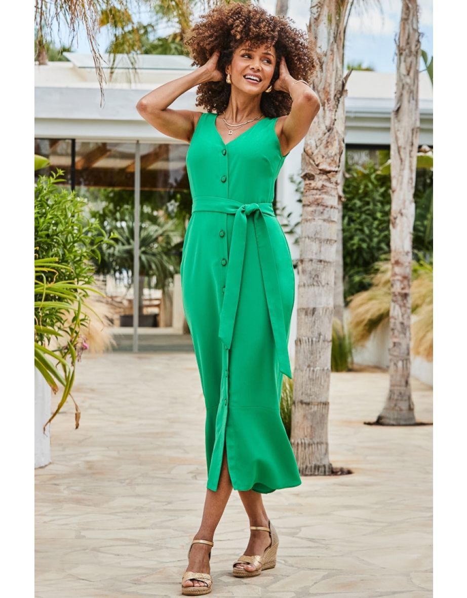 Shop Emerald Green Button Front Peplum Midi Dress Online in Qatar VogaCloset