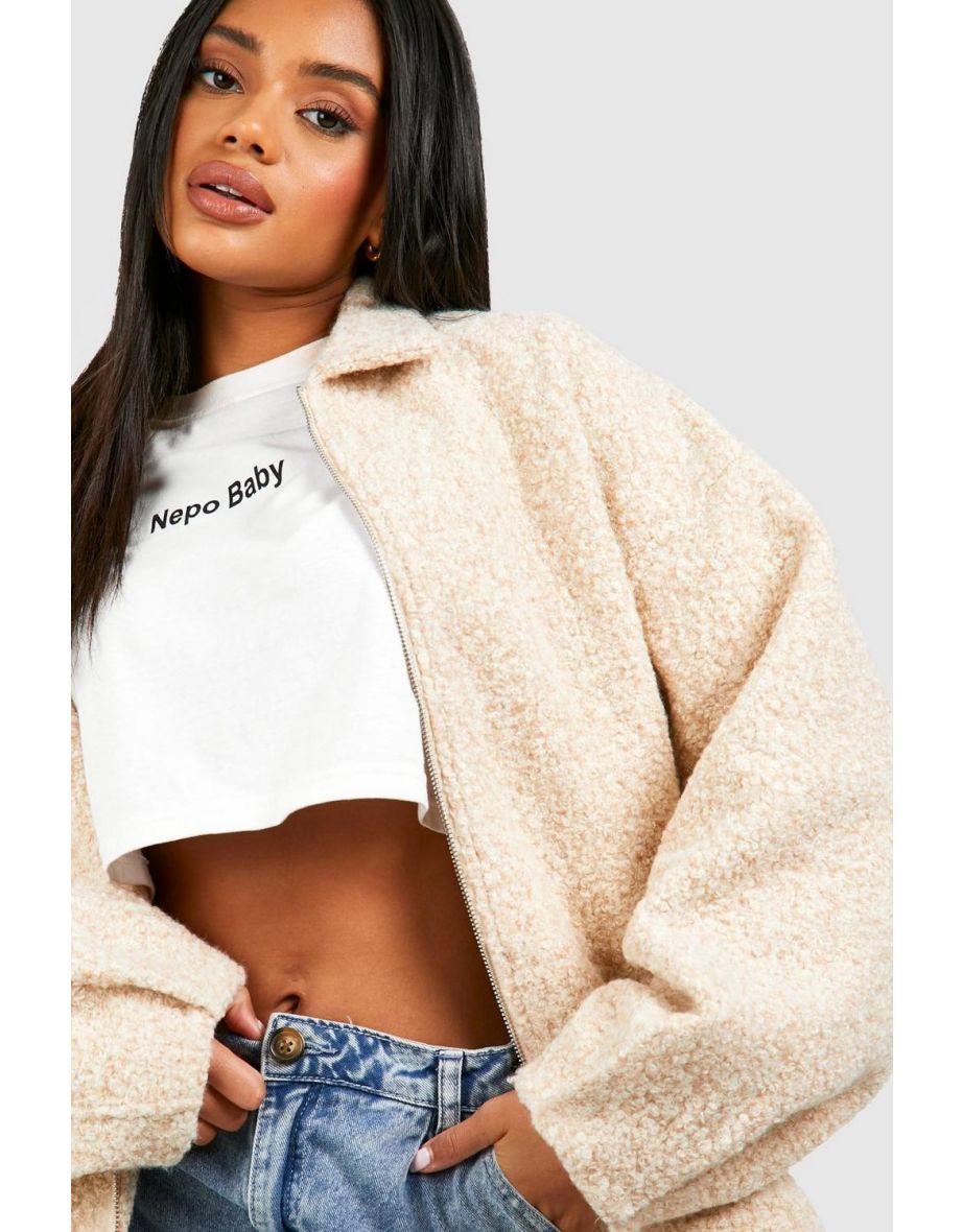 Collared Textured Oversized Jacket - cream - 3