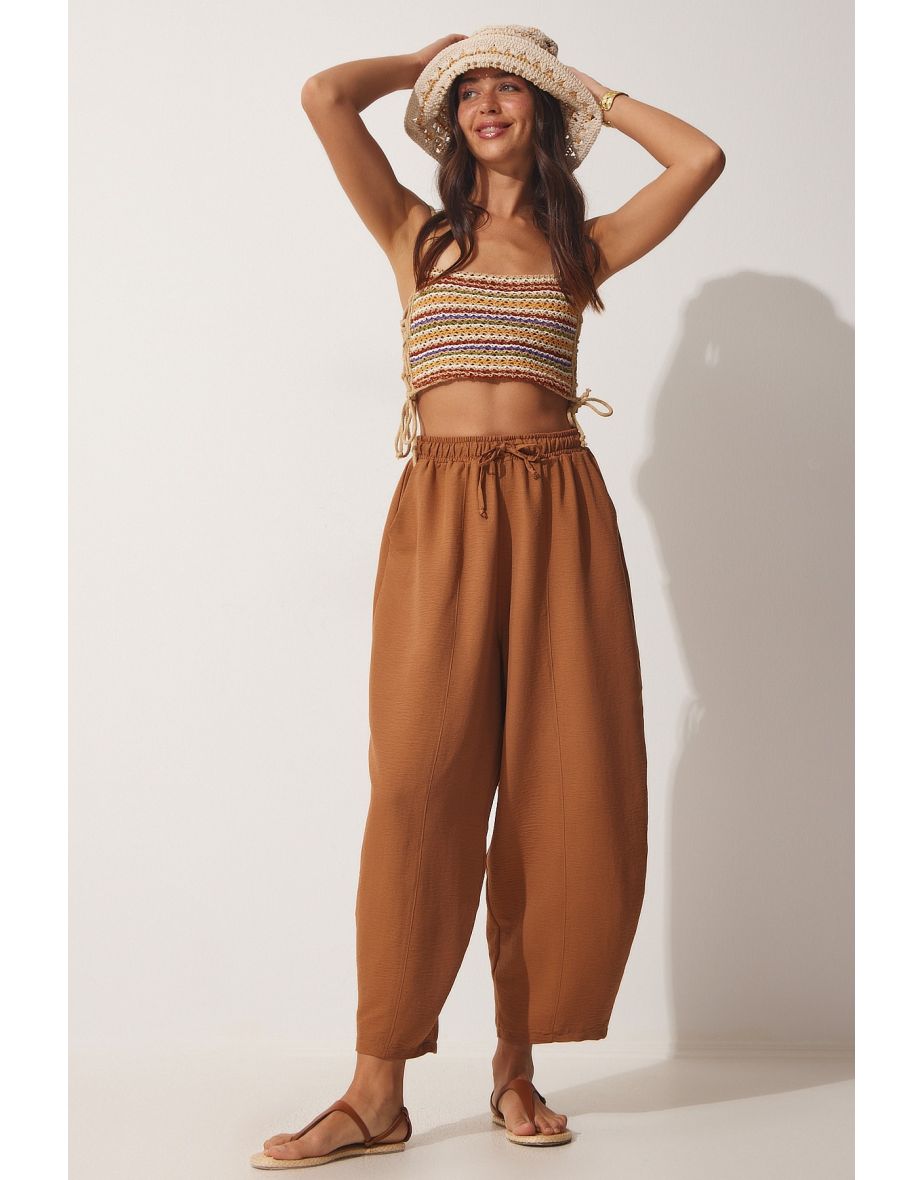 Women's Camel Pocketed Linen Viscose Baggy Pants
