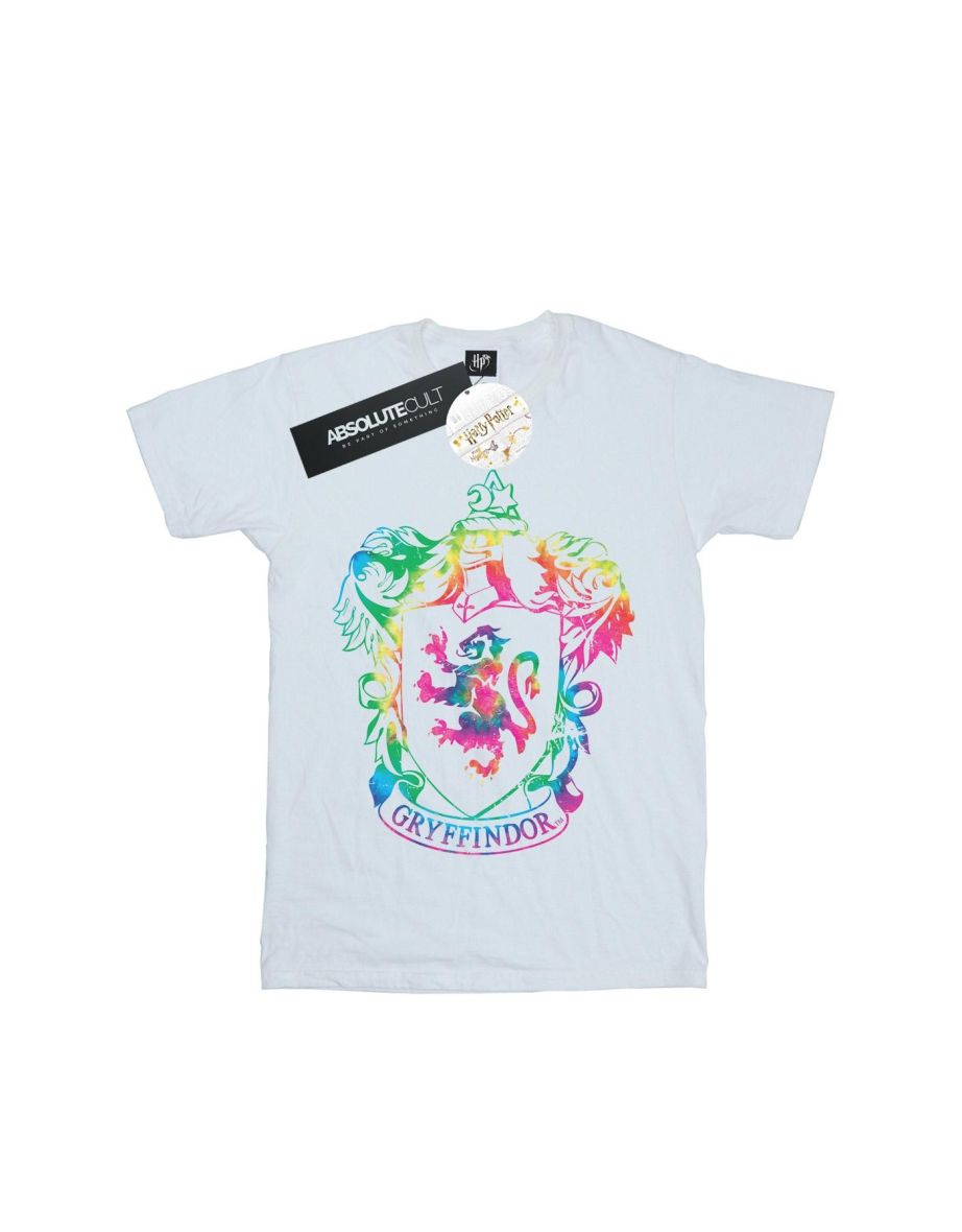 Harry Potter Womens/Ladies Gryffindor Crest Tie Dye Infill Cotton Boyfriend T-Shirt - White - 1