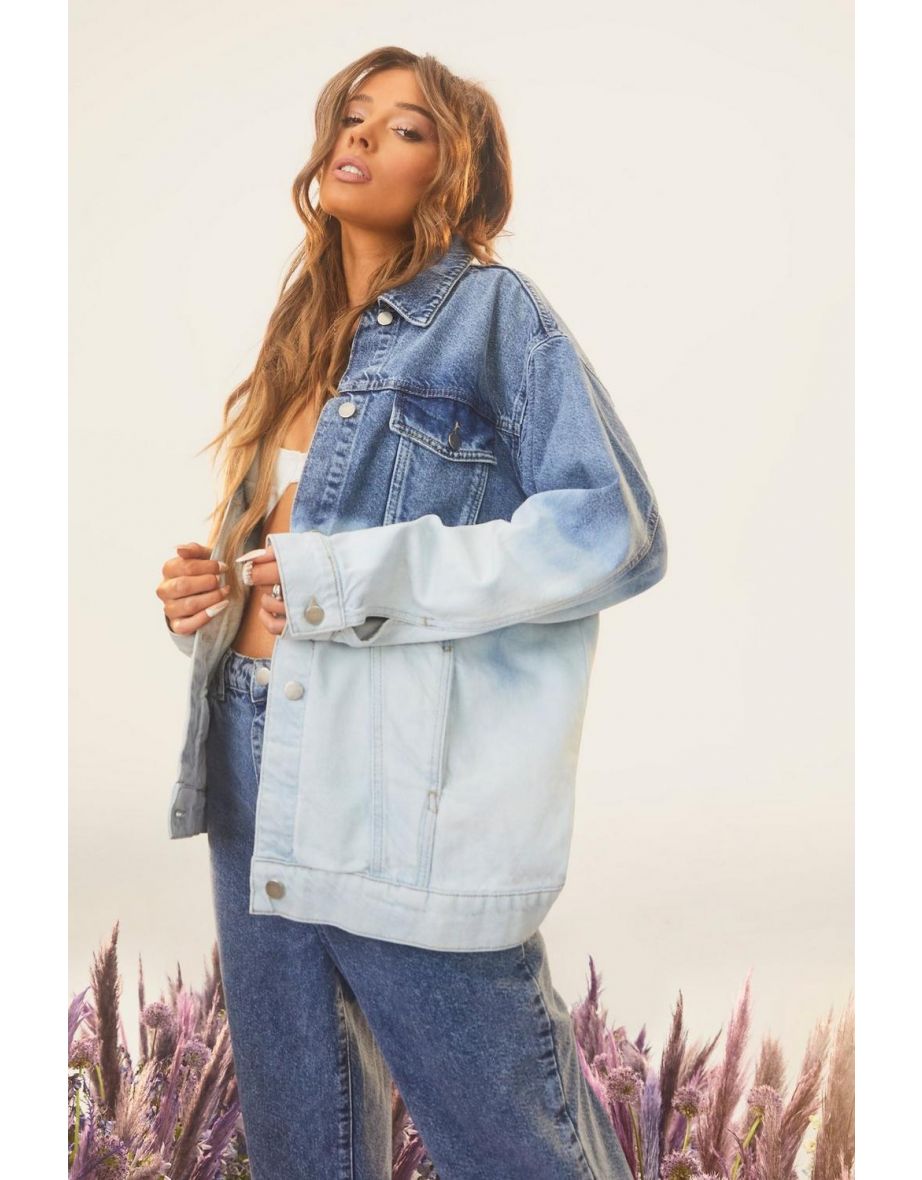 Bleach Dip Dye Oversized Denim Jacket - mid blue