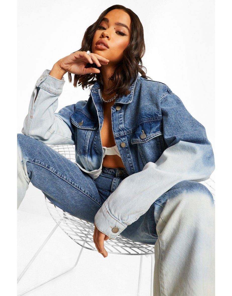 Bleach Dip Dye Oversized Denim Jacket - mid blue - 2