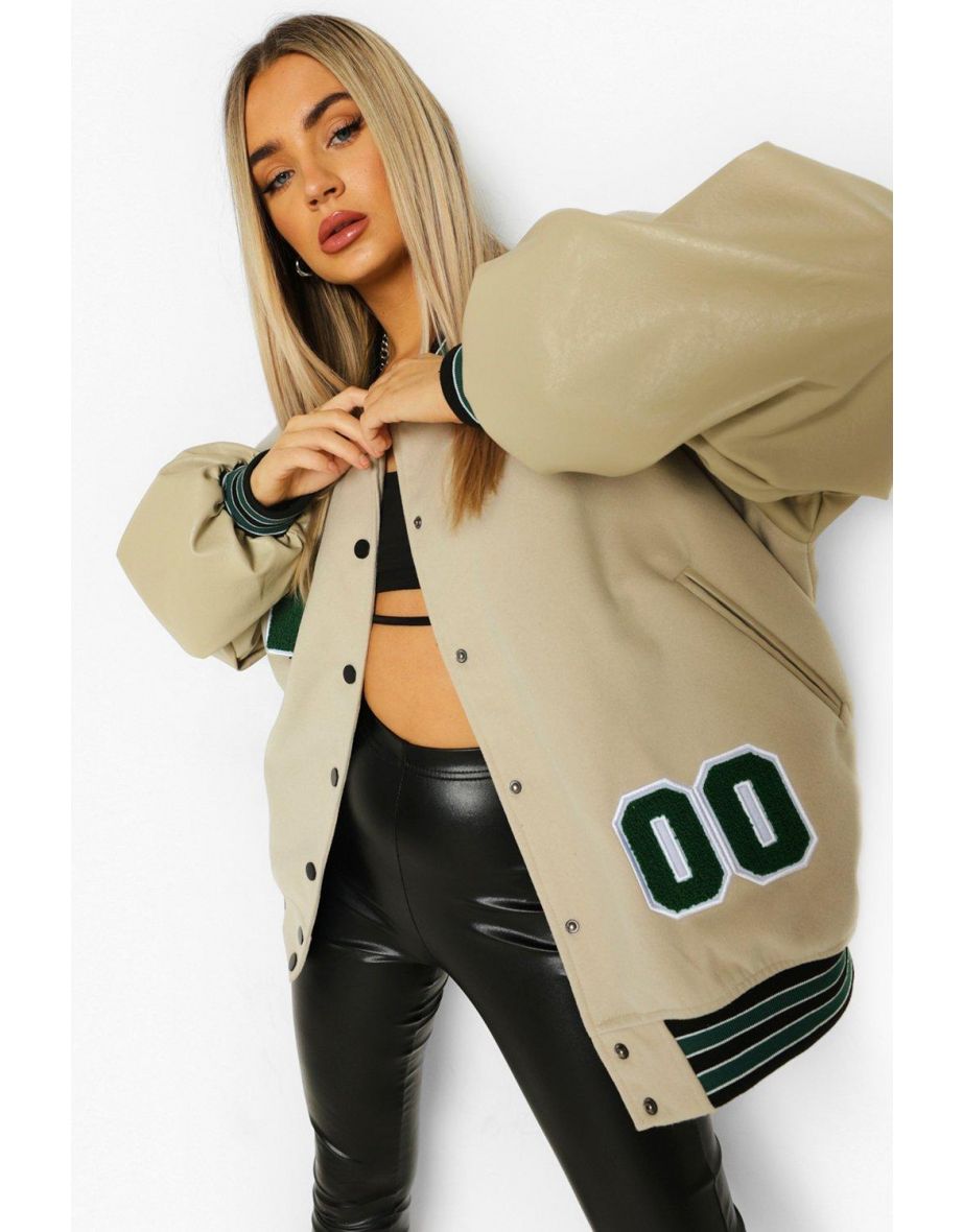 Pu Sleeve Oversized Varsity Jacket - taupe