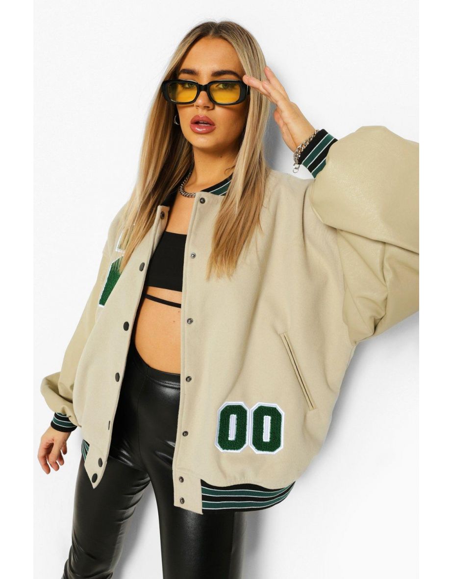 Pu Sleeve Oversized Varsity Jacket - taupe - 3