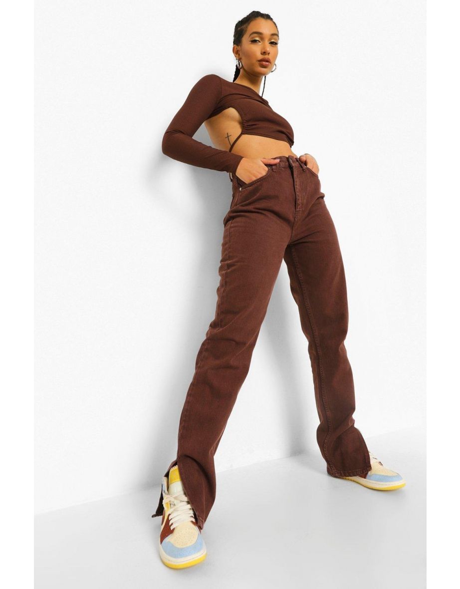 Side Split Straight Jeans - brown