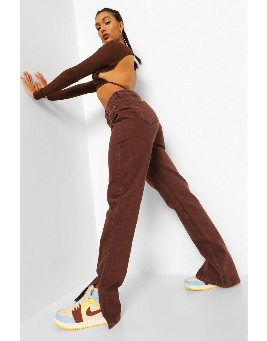 Side Split Straight Jeans - brown - 3