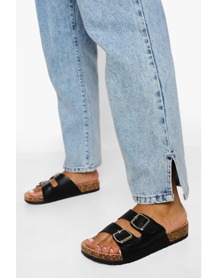 Double Buckle Footbed Slider - black