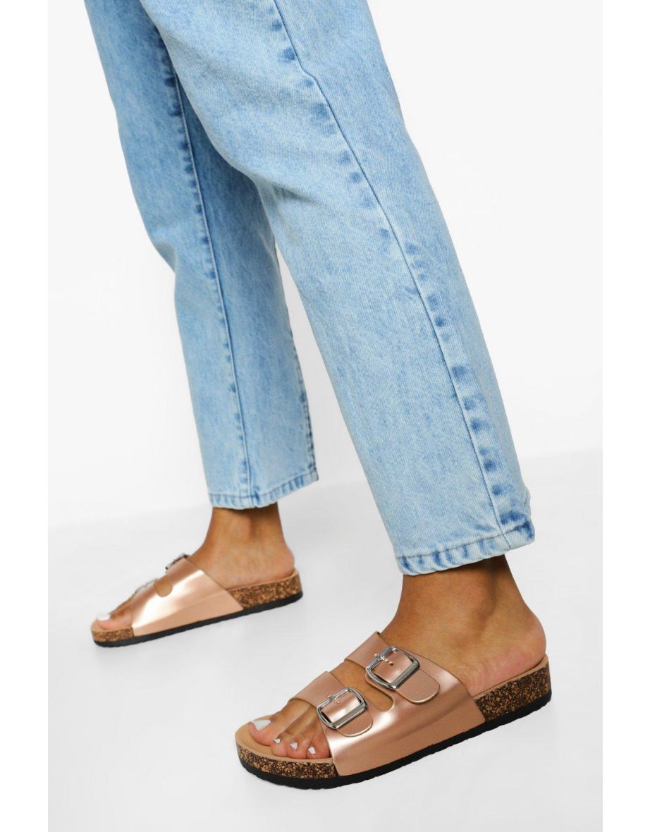Double Buckle Footbed Slider - rose gold