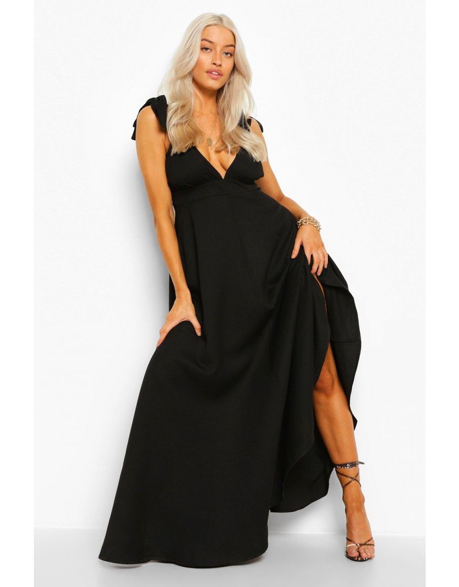 Tie Shoulder Plunge Maxi Dress - black