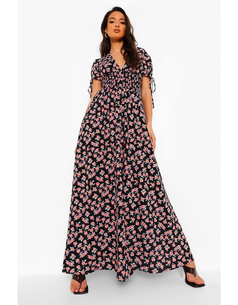 Ditsy Print Shirred Waist Maxi Dress - black