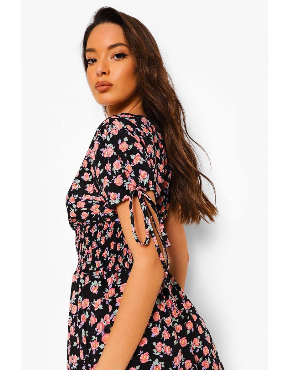 Ditsy Print Shirred Waist Maxi Dress - black - 3