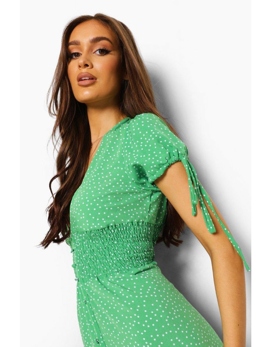 Polka Dot Shirred Waist Maxi Dress - green - 3