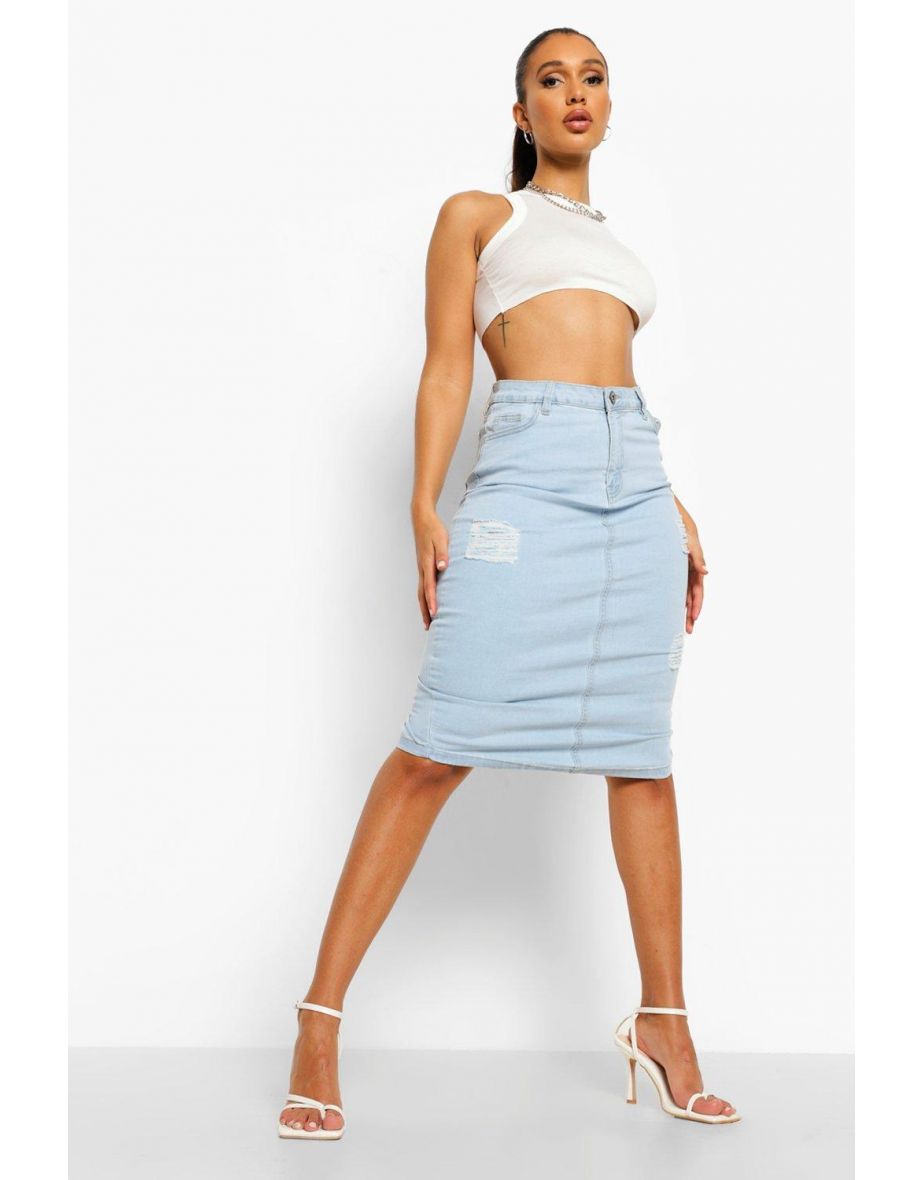 Distressed Denim Midi Skirt - light blue