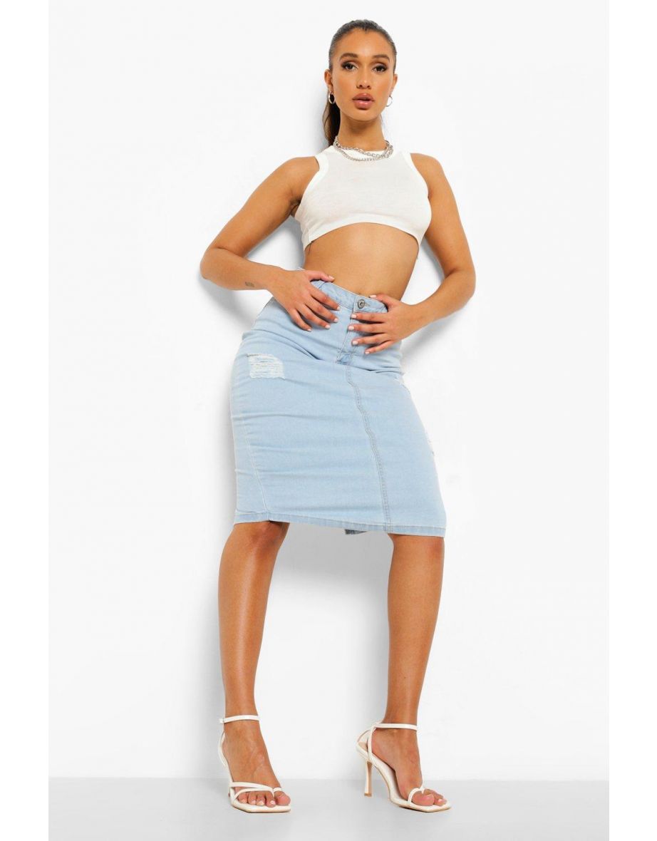 Distressed Denim Midi Skirt - light blue - 3