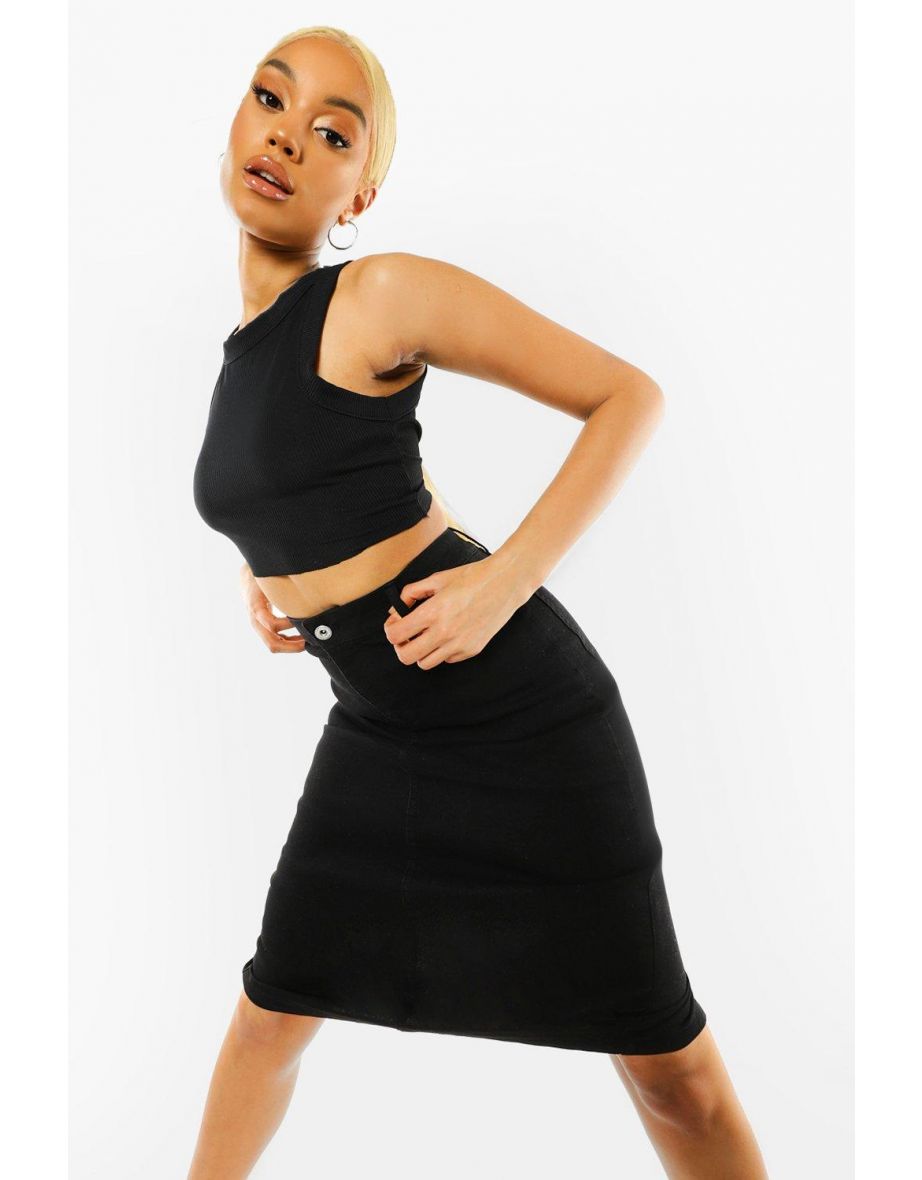 Stretch Denim Midi Skirt - black