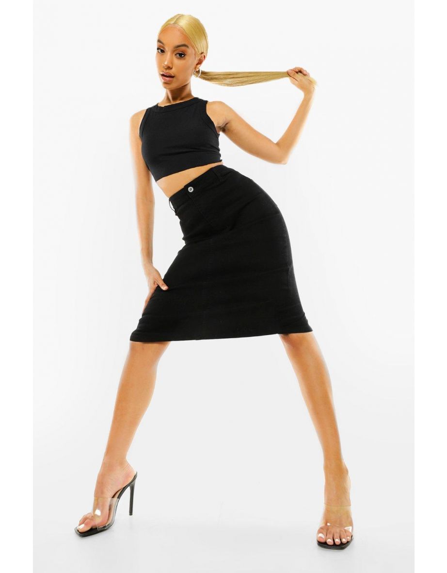 Stretch Denim Midi Skirt - black - 3
