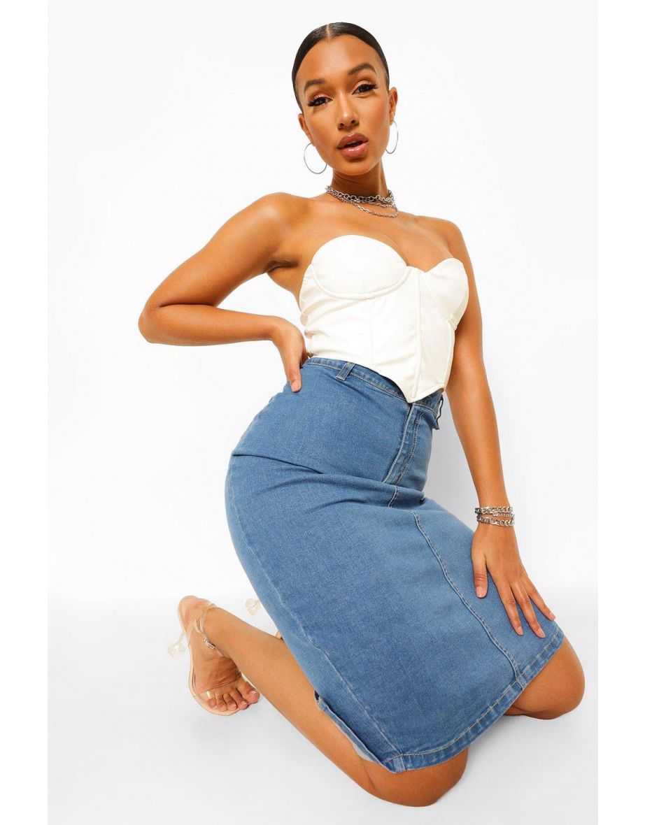 Stretch Denim Midi Skirt - mid blue - 3