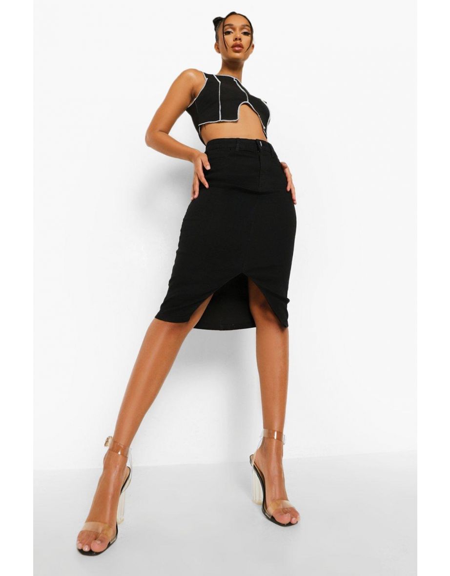 Split Front Midi Denim Skirt - black