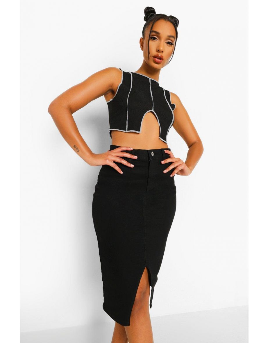 Split Front Midi Denim Skirt - black - 3