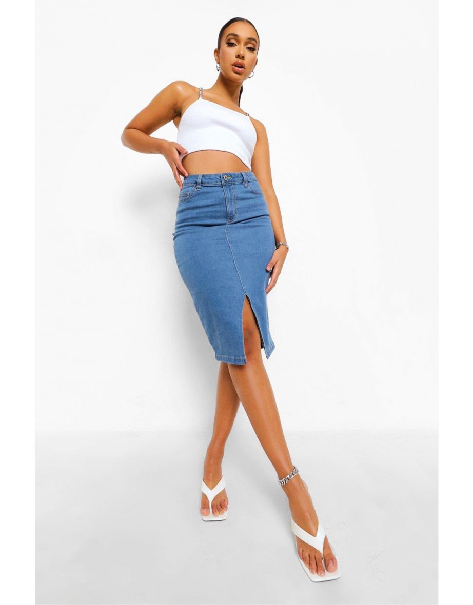 Split Front Midi Denim Skirt - mid blue